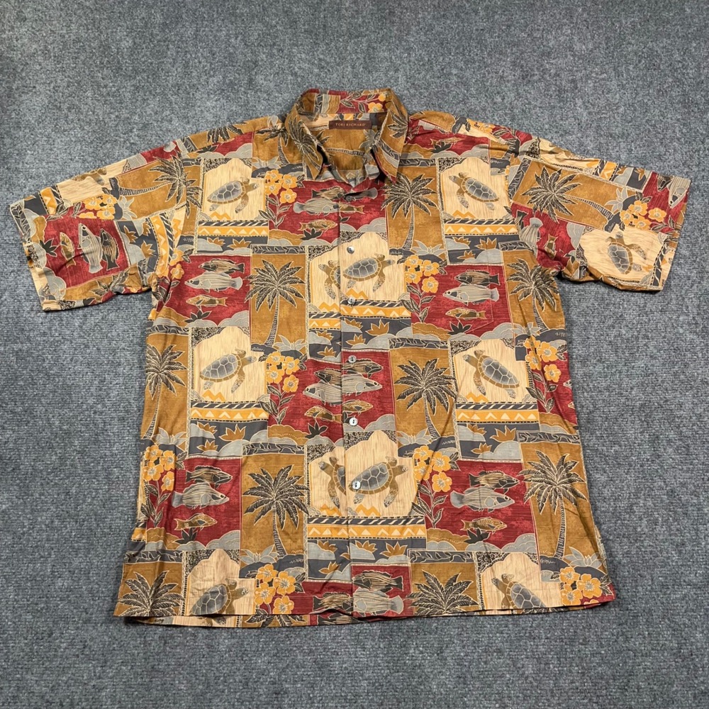 Tori Richard‎ Cotton Lawn Hawaiian Shirt Mens Large Sea Turtle Tropical Tan